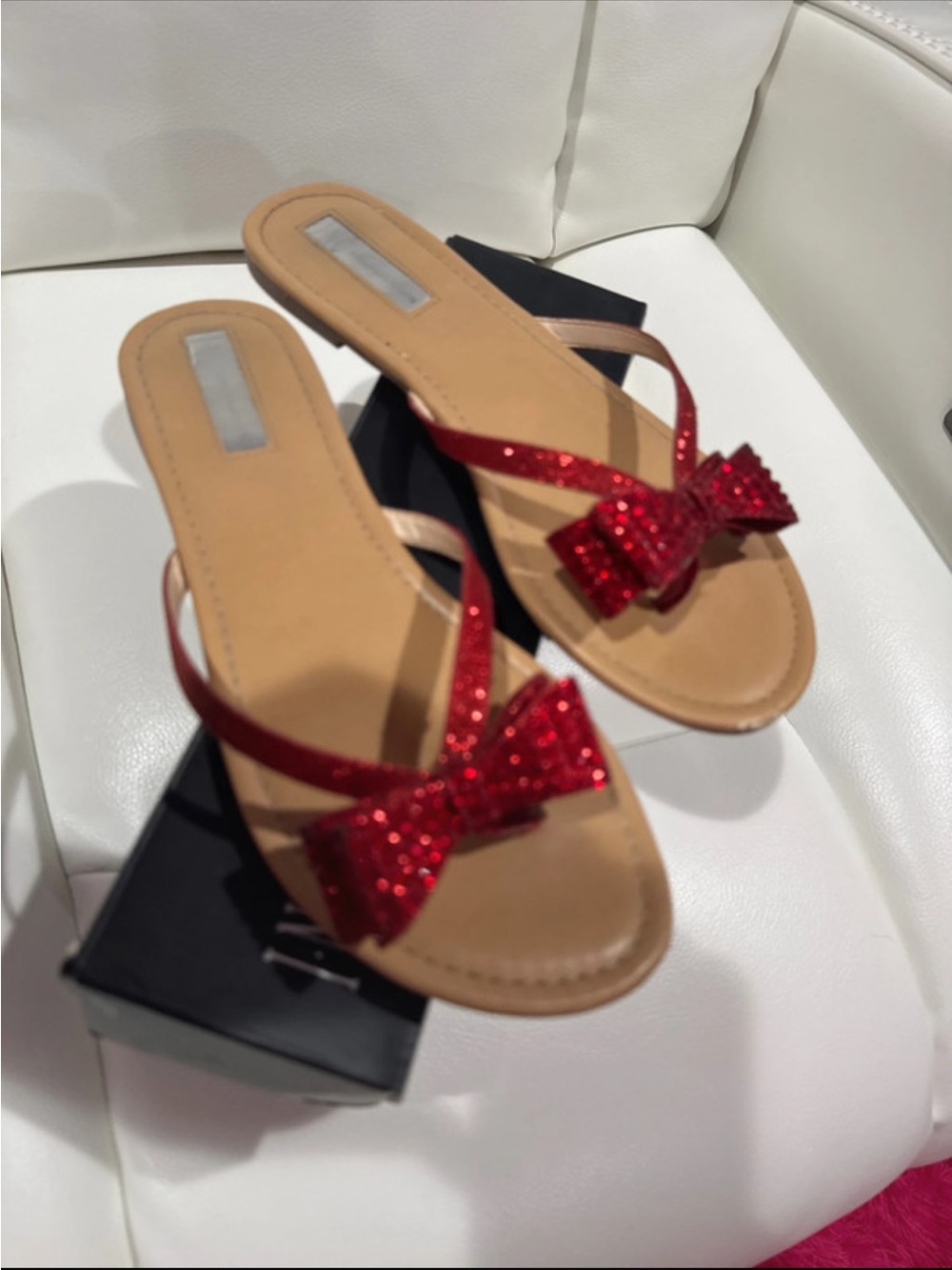 Women’s Red Glitter Bow Slide Sandals